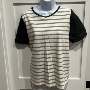Ann Taylor Faux Leather sleeve and trim tshirt